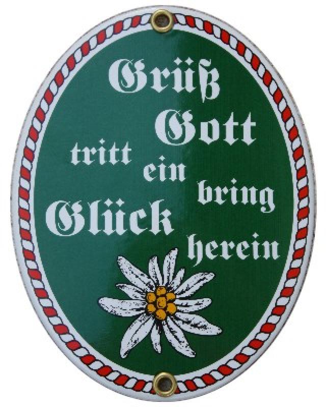 Grüß Gott Emaille Schild Oval grün